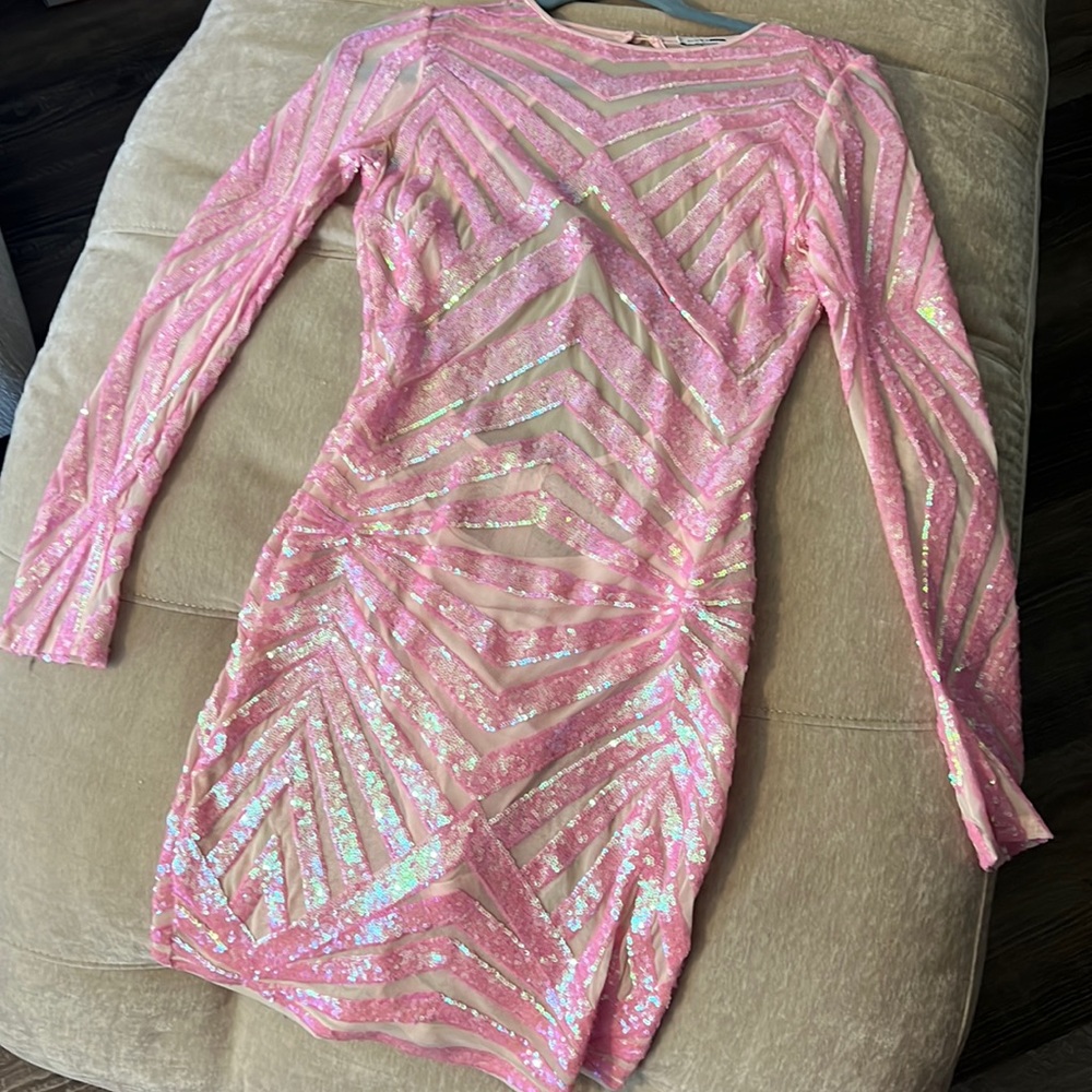 Pink Sequin Back Out Mesh Dress